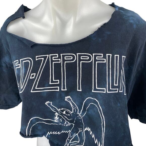 Led Zeppelin Blue Tie Dye Short Sleeve Distressed Frayed Crop Tee T-Shirt Top L - Picture 3 of 4